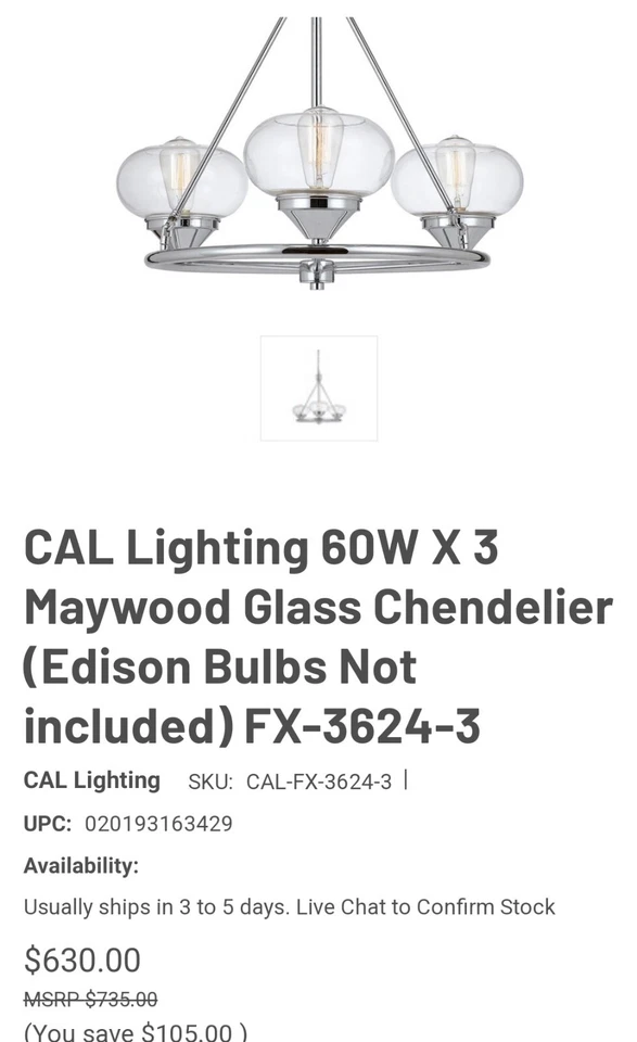 Cal Lighting 3 Light 60W Maywood Glass Chandelier - FX-3624-3 - Image 2 of 4