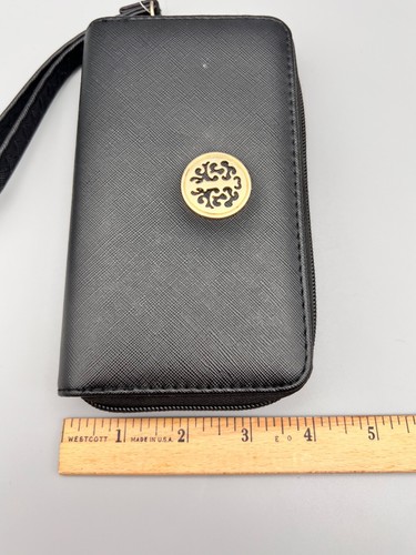 Black Faux Leather Zip Around Wallet Leopard Interior Pocket Gold Toned - Picture 18 of 18