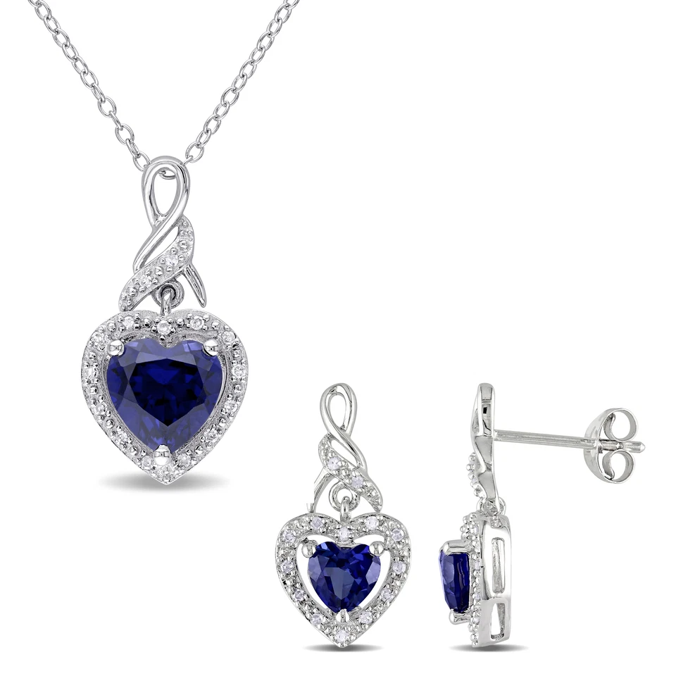 Conjunto de brincos e pingente com corrente de safira azul e diamante criados em prata Amour