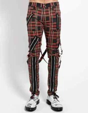 New Men's Gothic Zipper Chain Pant checkred Punk Buckle Zips Chain Strap
