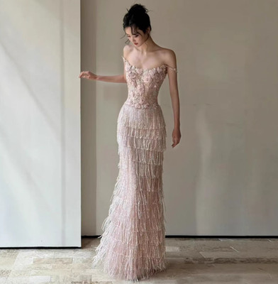 Luxury Womens Strappy Sequined Evening Dress Prom Gowns Feathers Elegant Beading