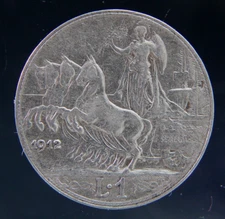 Italy,Italia 1 Lira,1912, silver coin, Quadriga
