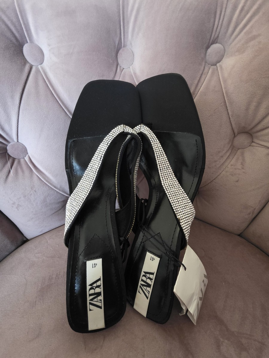 Zara Sparkle Rhinestones Thong Black Heels Sandals party shoes