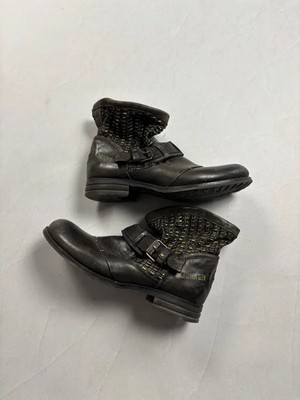 Hysteric Glamour Style! Bunker Leather Biker Ankle Boots Brown Moto Woven Panel