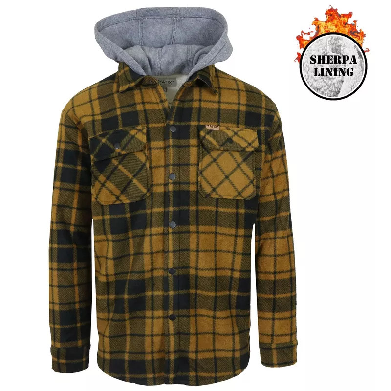 МУЖСКАЯ ФЛАНЕЛЕВАЯ КУРТКА MATIX С КАПЮШОНОМ НА ПОДКЛАДКЕ ИЗ ИСКУССТВЕННОГО ШЕРЛИНГА - РАЗМЕР: МУЖСКОЙ L - ТЕМНО-СИНИЙ/ДЕРЕВО