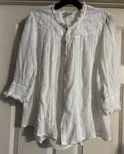 $158 Sundance Boho Pintucked Embroidered Size XL Cotton Raw Edges Button Up