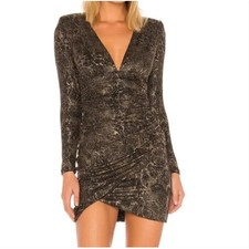 Alice + Olivia Diaz Black Gold Metallic Snakeskin Ruched Mini Dress 10 NEW