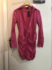 Pretty Little Thing 4 Hot Pink Linen Look Ruched Plunge Shirt Dress BNWT