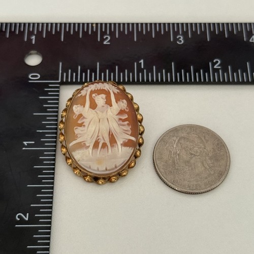 Vintage Three Graces Cameo Yellow Gold Filled Carved Shell Brooch Pin Pendant - Afbeelding 7 van 12