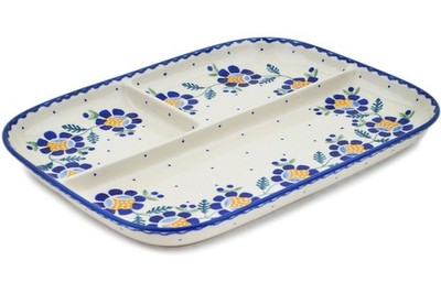 Polish Pottery Divided Dish 12'' Orange And Blue Flower-Artisanimports|3621