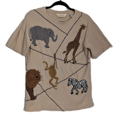 Bechamel Safari Animal Applique T Shirt Beige Cotton Small Elephant Giraffe Lion