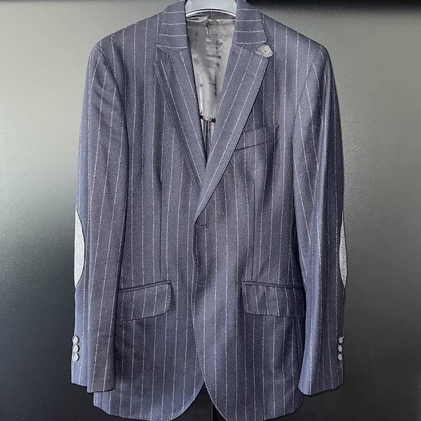 Hackett blazer, navy blue flannel chalk stripe, size S (36R 46) with patches new