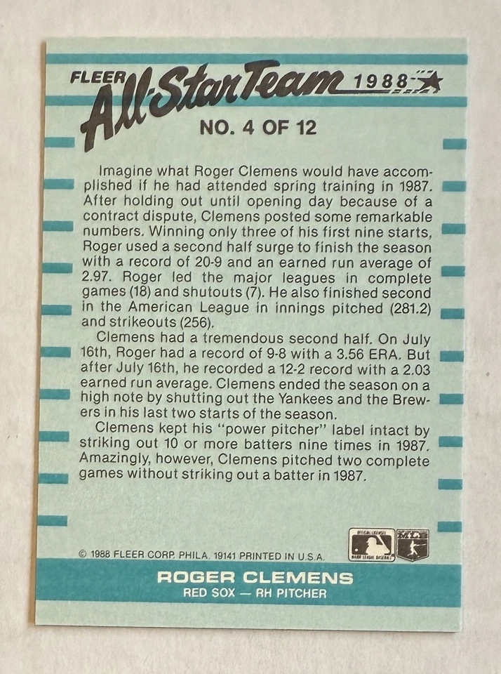 Бейсбольная карточка Роджера Клеменса 1988 Fleer All-Star No4 Boston Red Sox MLB Cy Young - Изображение 2 из 2