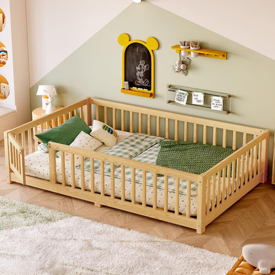 Montessori Full Size Floor Bed with Safety Guardrails - Solid Wood, Natural Fini