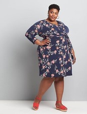 Lane Bryant Dress Size 26/28 Wrap Top Stretch Elastic Waist Floral Navy Blue