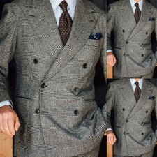 Plaid Checked Business Men Suits Regular Fit Formal Peak Lapel Double Breasted