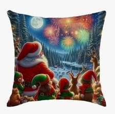 Santa Deer Elves N Pole Christmas Throw Pillow Cover Winter Holiday Home Decor