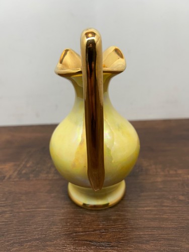 Art Deco Pitcher/Vase Yellow Pearl Opalescent Gold Handle Base & Rim - Picture 5 of 8