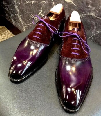 Bespoke Dress Shoes, Pure Purple Leather and Brown Suede Lace up Oxford  Shoes | eBay