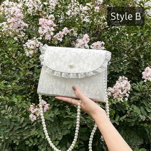 Weiße kleine Damen-Schultertasche Spitze Umhängetasche Perlenriemen Clutch Tasche - Bild 17 von 20
