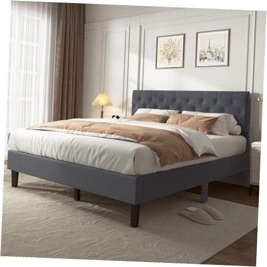 Queen Bed Frame with Button Tufted Headboard, Upholstered Platform Bed with