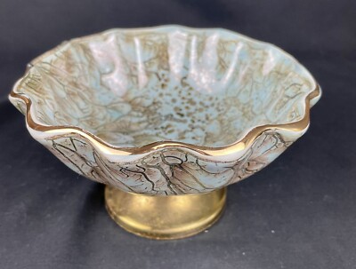 Vintage Delftware W.B. Leersum Turquoise & Gold w/brass Dish MCM Porcelain