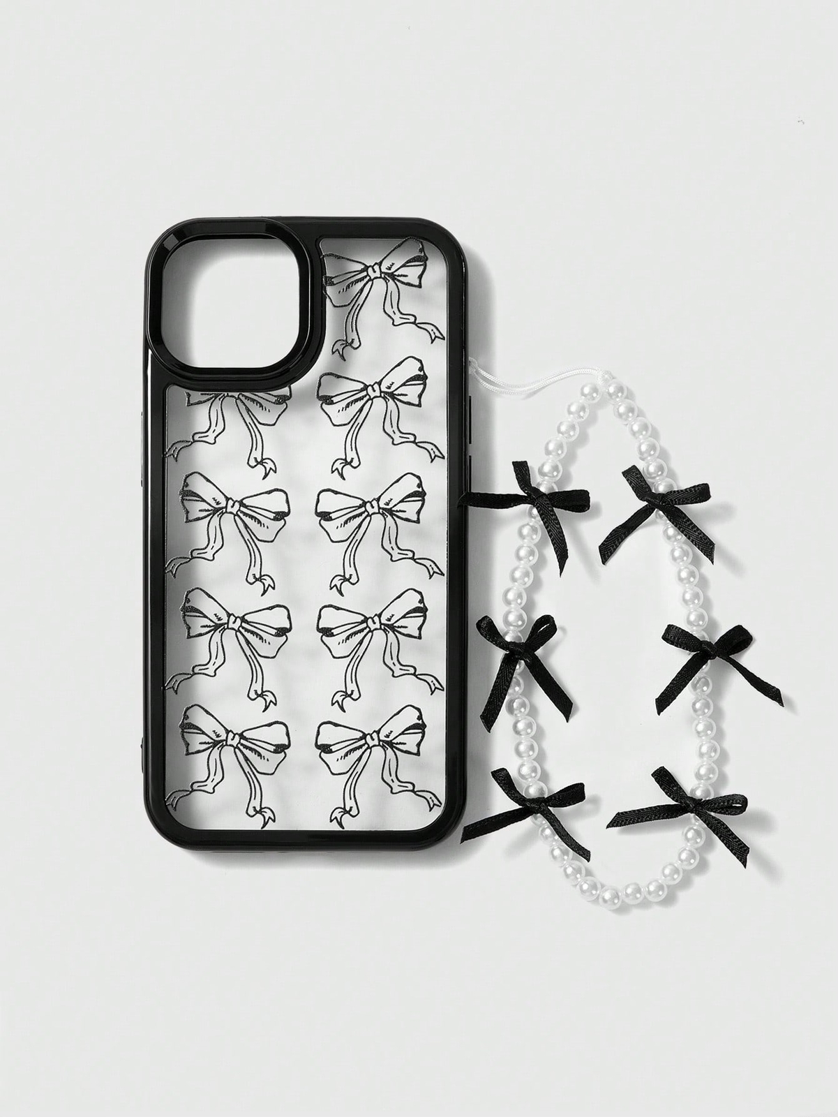 ROMWE Kawaii 1pc Black Bow Decor Pearl Bracelet, Black Bow Phone Case Compatibl