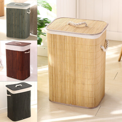 23.6'' Bamboo Laundry Basket with Lid Foldable Washing Clothes Bin Hamper w/Liner