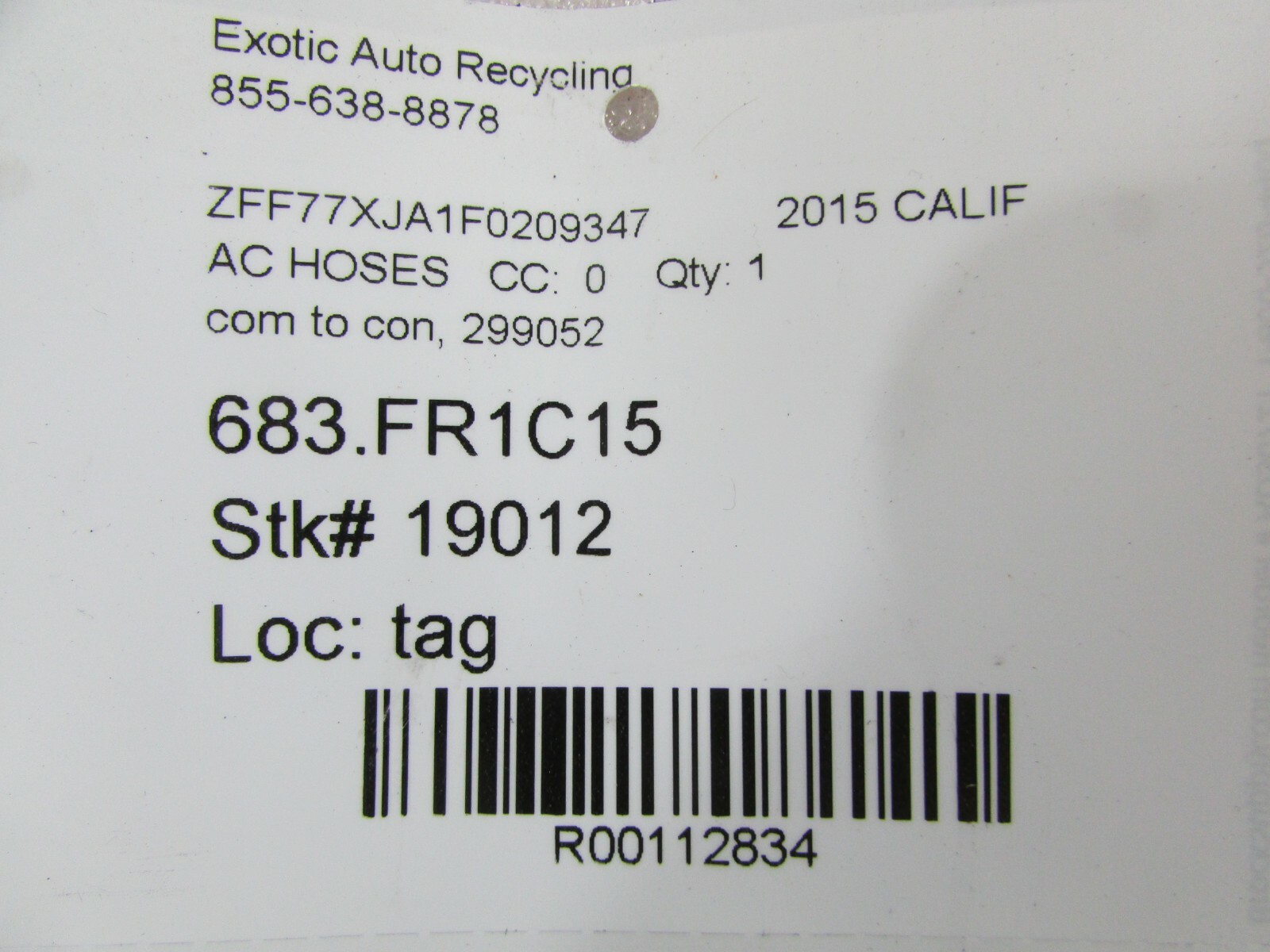 Ferrari California T, AC Compressor to Union Hose, Used, P/N 299051
