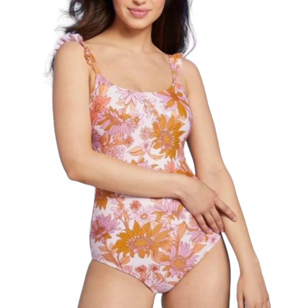 Kona Sol Target Women Medium Pink Floral Ruffle One Piece Swimsuit