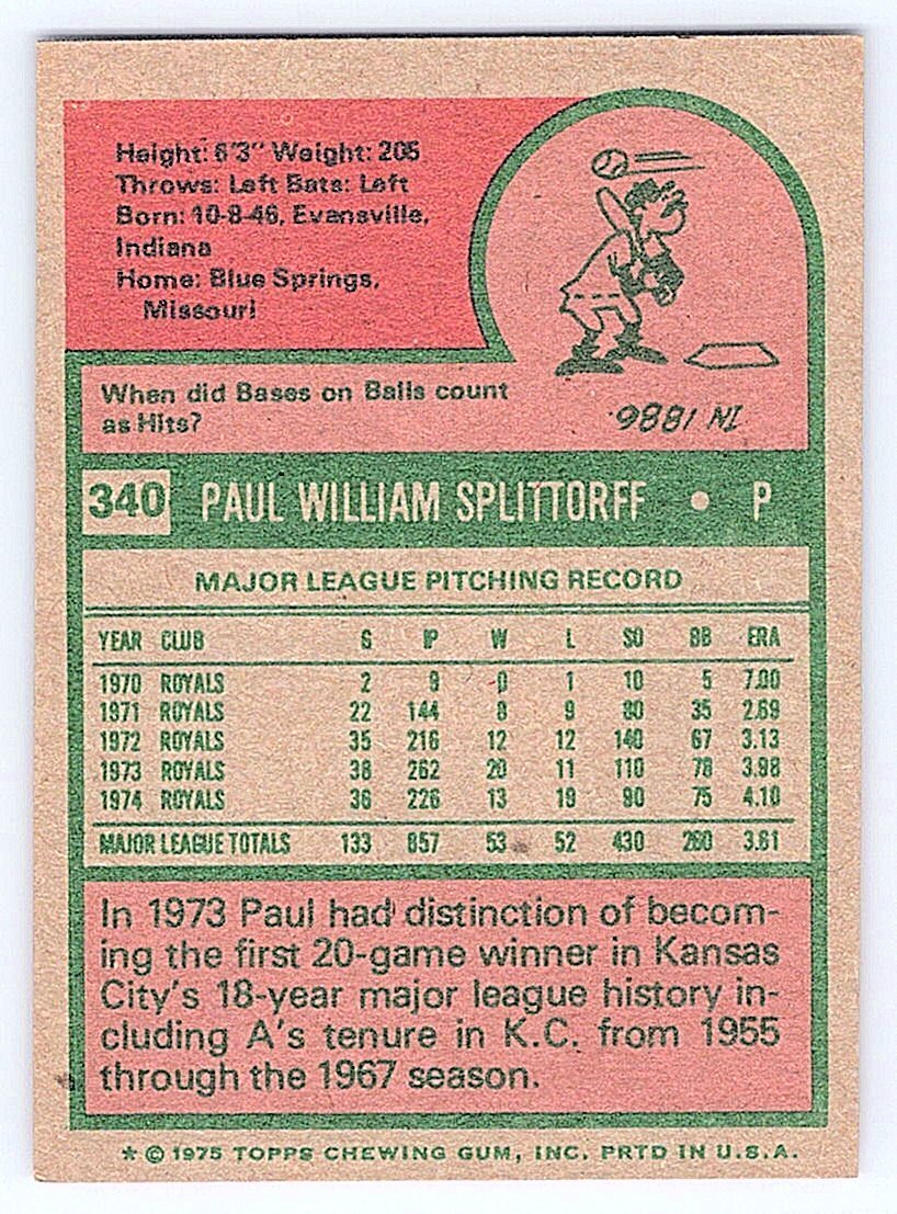 Paul Splittorff  1975 Topps  #340 - Please see pics for cond.