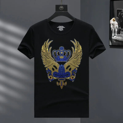 New Men Luxury Diamond Crown Rhinestones Fashion Black White T-Shirt