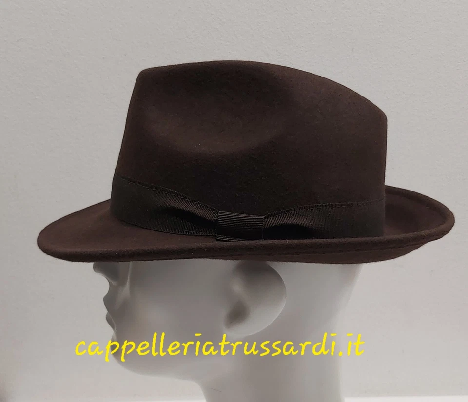 Chapeau Fedora En Laine Feutre Marron Tête Moyenne Made in Italy - Photo 1/4
