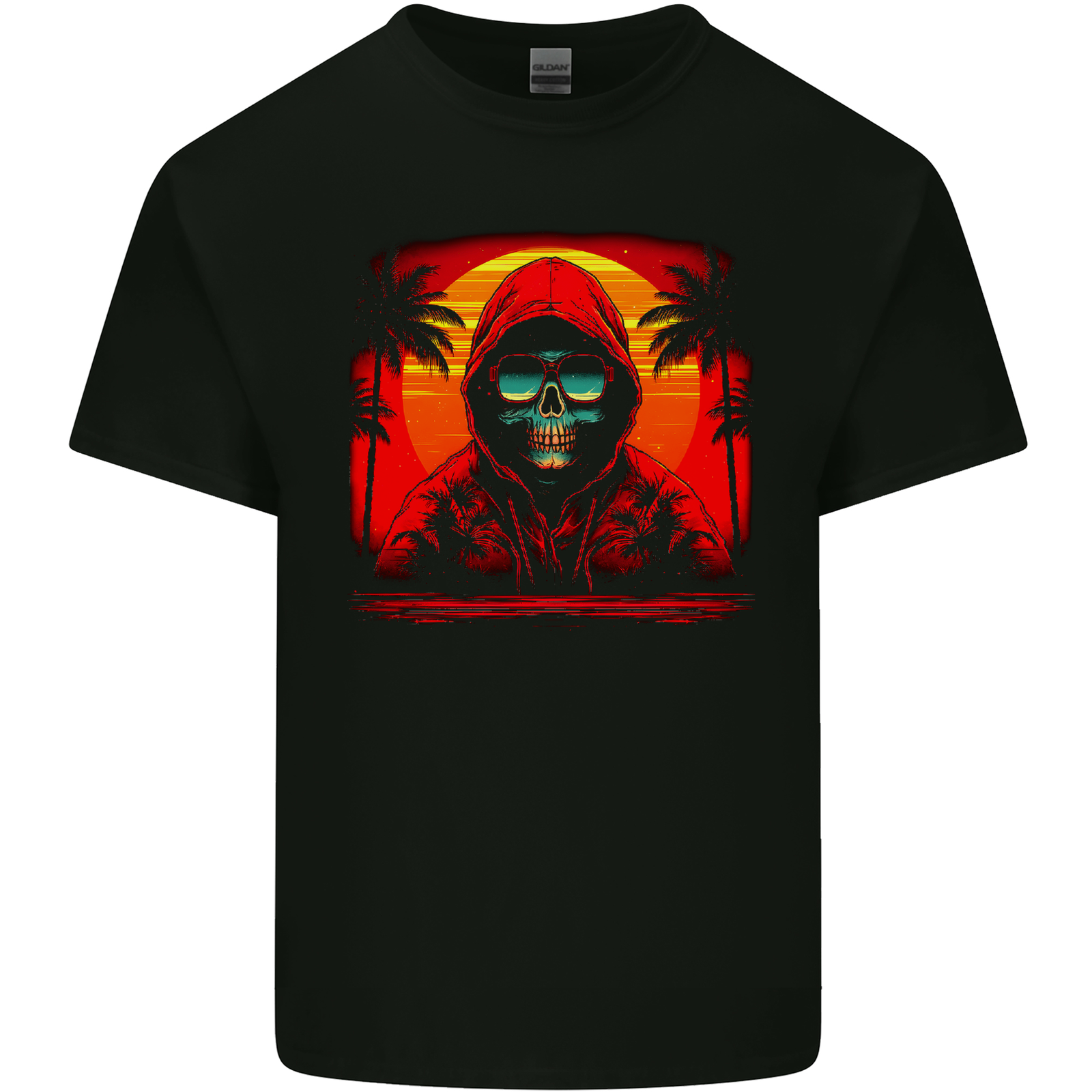A Retrowave Skeleton With Holiday Sunset Skull Mens Cotton T-Shirt Tee Top
