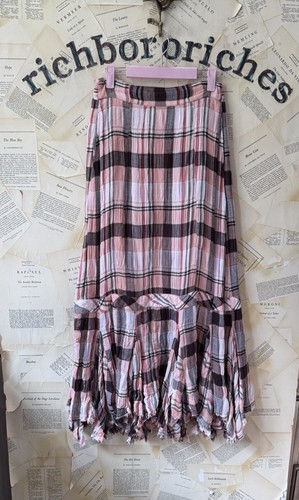 Free People Bordeaux Plaid Maxi Skirt Ruffle Hem Elastic Waist Pink Combo XS NWT - Picture 4 of 5