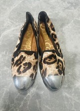 Sam Edelman Leopard Ballet Flat Women  s 6.5 Silver Cap Toe Leather Calf Fur