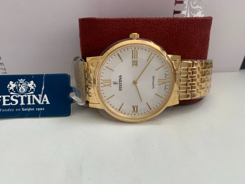 BRAND NEW FESTINA F20020/1 Gents Gold Tone Stainless Steel Date Sapphire Glass - Picture 8 of 11