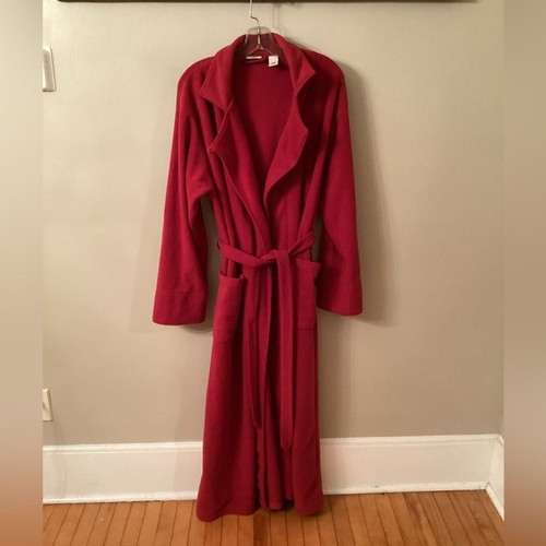 LL BEAN MEDIUM BURGUNDY FLEECE FLOOR LENGTH ROBE WITH WAIST TIE AND POCKETS - Picture 2 of 7