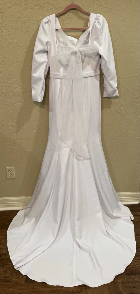 Vestido de novia talla 14 blanco satinado tren mangas largas tul tren extraíble nuevo sin etiquetas Foto 2 de 4