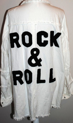Elan Women's White Denim Jean Jacket ~ Rock And Roll ~ Fringe Trim Boho Size L