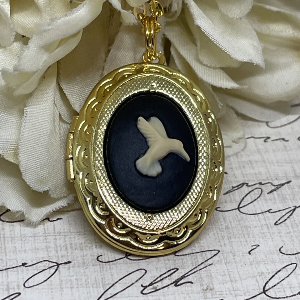 Joyería conmemorativa dorada colibrí negro camafeo medallón collar colgante boda Foto 3 de 4