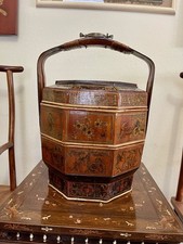 Antique 19C Chinese Wood Wedding Basket,  Signed, lacquered hand painted, Rare