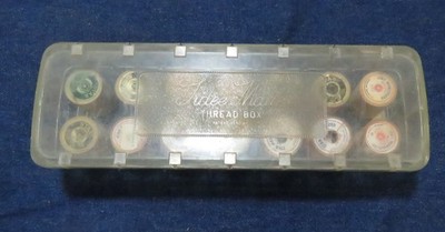Vintage Clear Tidee Maid Rare Thread Box With 14 Wooden Spools of thread