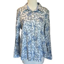 Chaps No Iron Dress Shirt Women Size Large Blue Paisley Long Sleeve Button Up