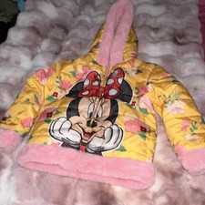 Disney Minnie Mouse Girls Yellow Pink Floral Puffer Jacket Hooded Faux Fur Lined