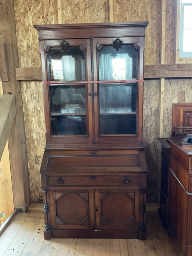 Antique Walnut Victorian Bookcase Secretary Desk 2pc 7ft Cabinet 1860 - Picture 2 of 24