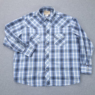 Wrangler Western Pearl Snap Shirt 2XB Long Sleeve Blue Plaid Mens