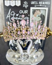 Pink Rhinestone Bridal Tiara, Wedding Gold Crystal Pink Crown, Bridal Accessory