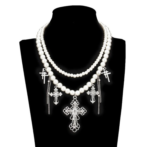 Unique Gothic Crosses Pendant Necklace with Imitation Beads Accessory for Women - Picture 7 of 8