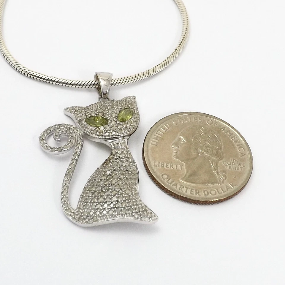 Sterling Silver Genuine Diamond Peridot Eyes Kitty Cat Pendant Necklace 18in - Image 2 of 4